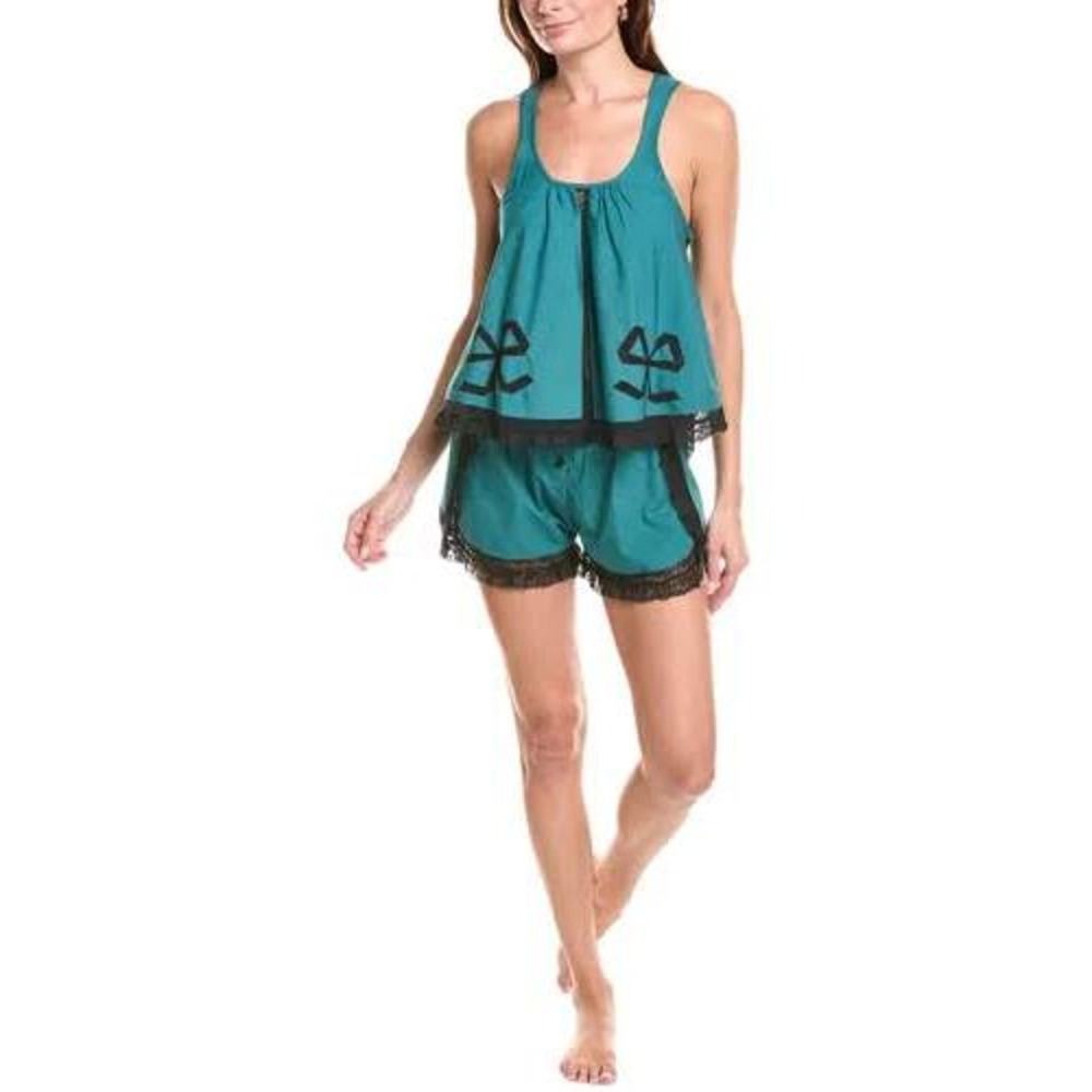NWT Morgan Lane Maebelle Nessa PJ Top Cotton Lace Trim Bow Detail Green Size M
